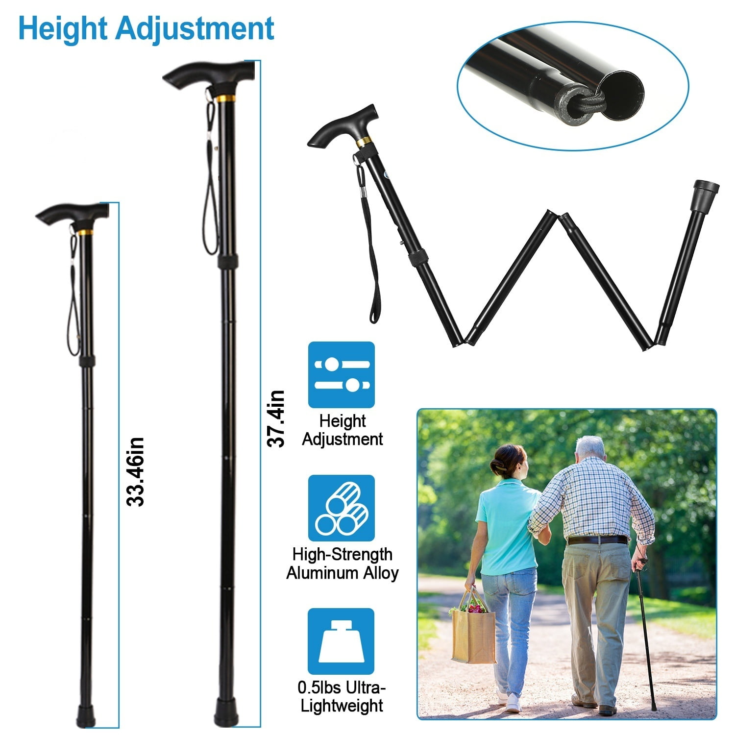Folding Trekking Hiking Pole, Collapsible Cane Adjustable Travel Walking Stick Portable Mobility Aid for Women Men Hikers Gift, Black
