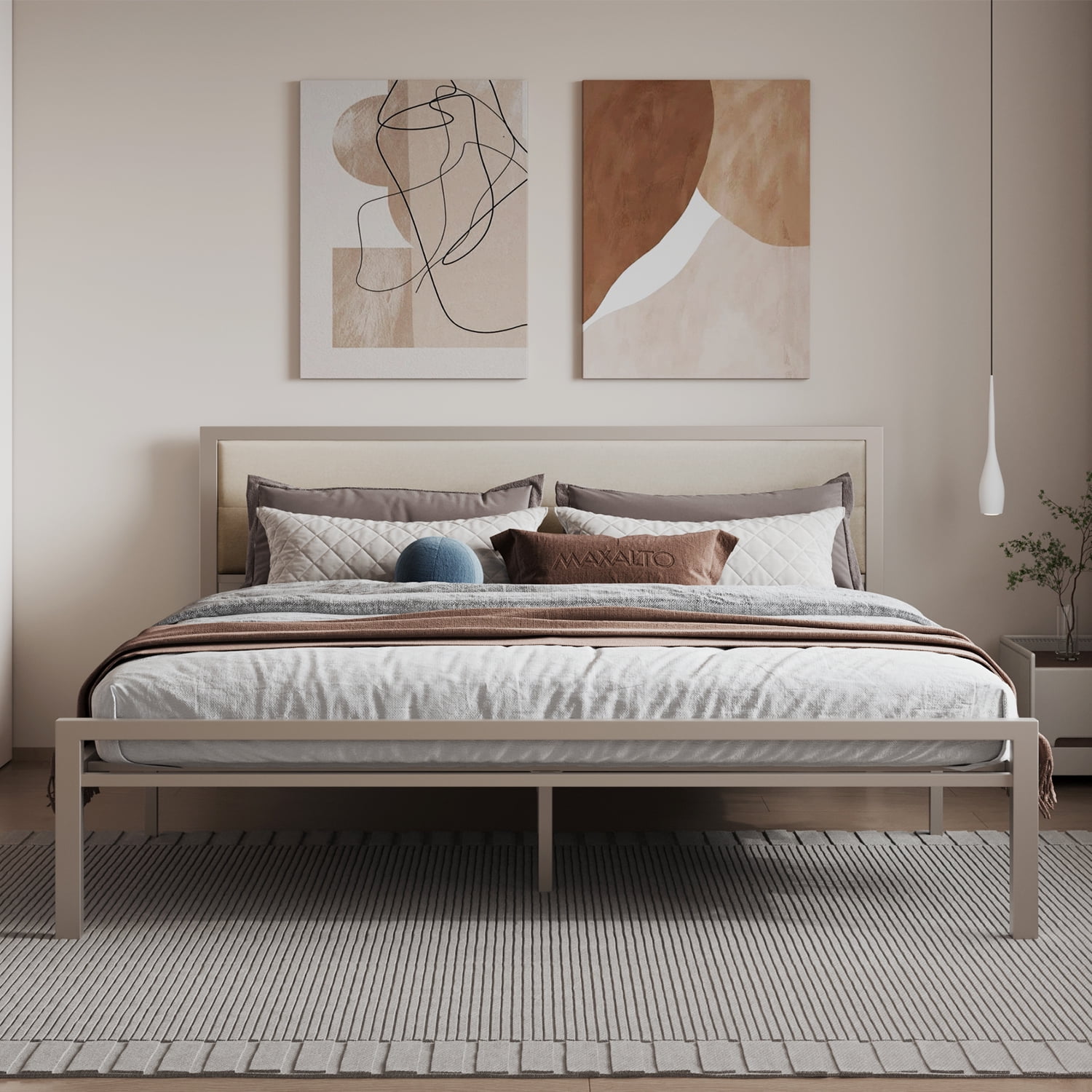 Bonsoir KING Size Bed Frame Steady Steel Platform with Fabric Headboard/Footboard (Champagne Color Frame)