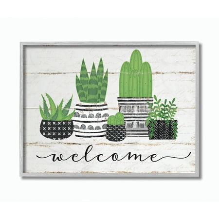 Stupell Home Décor Industries Welcome Cacti Succulents Wood Textured Design Framed Wall Art by Jennifer Pugh