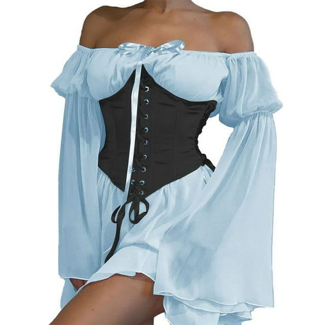 QUYUON Robes d'Invitée de Mariage pour Femmes Liquidation à une Épaule Manches Longues Volantées Robe Rétro Vintage en Mousseline Longue Robe Chandail Femmes Robe Midi à Épaules Dénudées Robe Ornée Style Y122 Bleu Pâle m