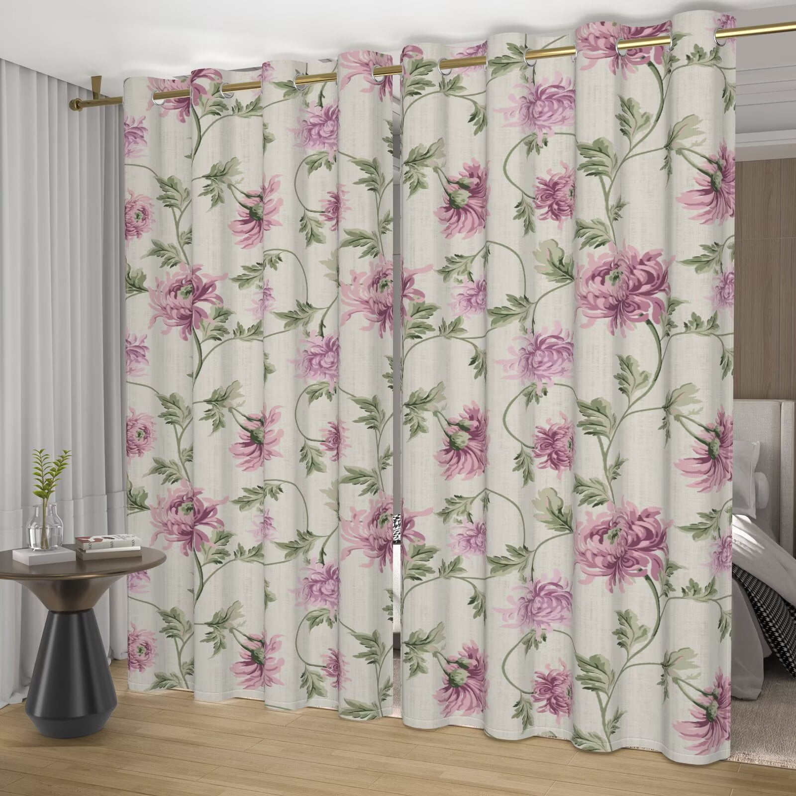 Nanqianyi Pink Floral Blackout Curtains, Linen Texture Vine Grommet Drapes for Living Room Bedroom, 2 Panels, 52"W x 84"L