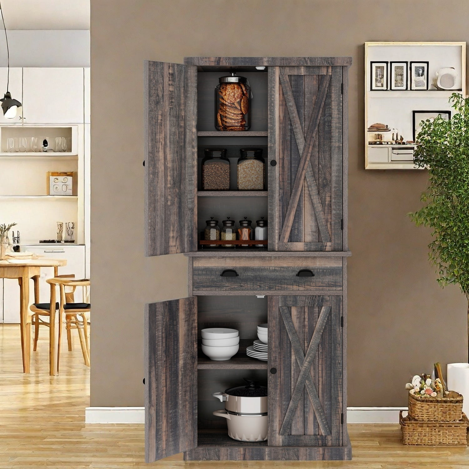 Uforic Tall Pantry Cabinet with 4 Doors and Adjustable Shelves, 72 Inch Farmhouse Storage for Kitchen Dining Living Room, Dark Rustic Oak