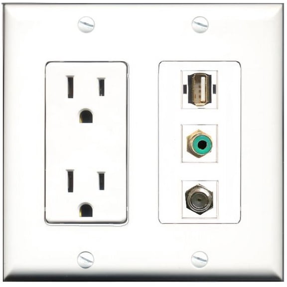 RiteAV - 15 Amp Power Outlet 1 Port RCA Green 1 Port Coax 1 Port USB A-A Decorative Wall Plate