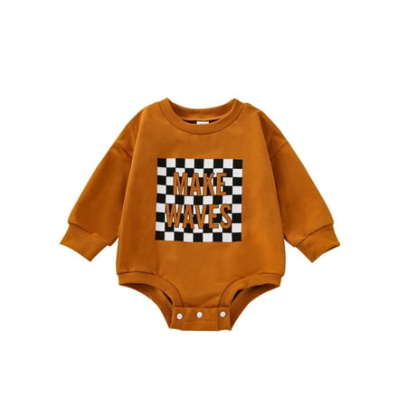 

AMILIEe Infant Baby Boys Girls Autumn Jumpsuit Checkerboard Letter Print Long Sleeve Round Neck Romper