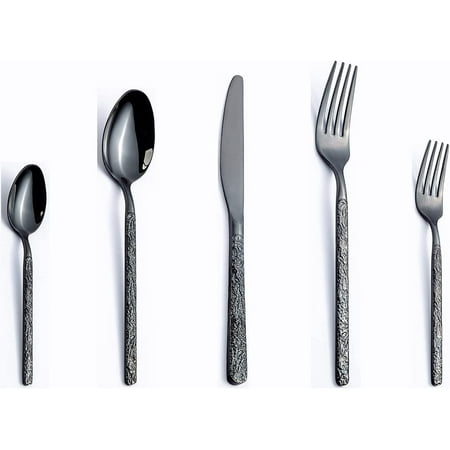 

Blcak Silverware Set Stainless Steel Flatware Set With Stone Grain Handle Nice Weight 30 Piece Tableware Service for 4 Kitchen Halloween Restaurant Include Forks Spoons Knifes Dessert Spoon and fork