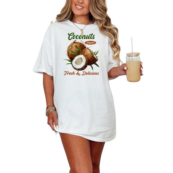 Tropical Coconuts T-Shirt, Fresh Delicious Graphic Tee, Coconut Lovers Gift Shirt, Summer Beach Wear, Coconut Illustration Tee, White Comfort Colors T-Shirt, Small