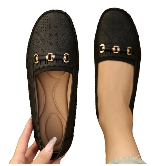 Rokment Ballet Flat Slip on Loafers for Women Comfortable Leather Low Wedges Non Slip Work Shoes 2026 Spring Fall Fashion Casual Dressy Oxfords Black Size 6.5