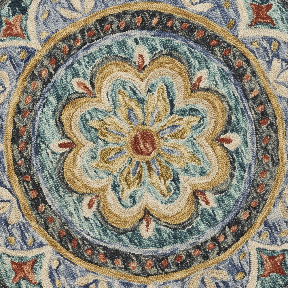 Ox Bay Elisa 4' Round Blue/Black Floral Medallion Indoor Area Rug