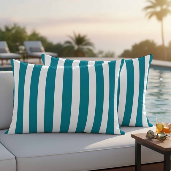 Teal Striped Outdoor Pillow Covers 20x12 Inch Lumbar Pillow Covers Set of 2 Waterproof Decorative Throw Pillow Cases Simple Art Vertical Stripe Farmhouse Cushion Covers for Patio Furniture Garden