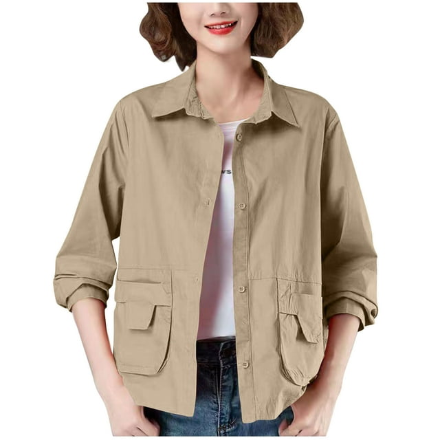 Women's Casual Loose Fit Solid Color Button Front Jacket Top Long Sleeve Shirt for Fall