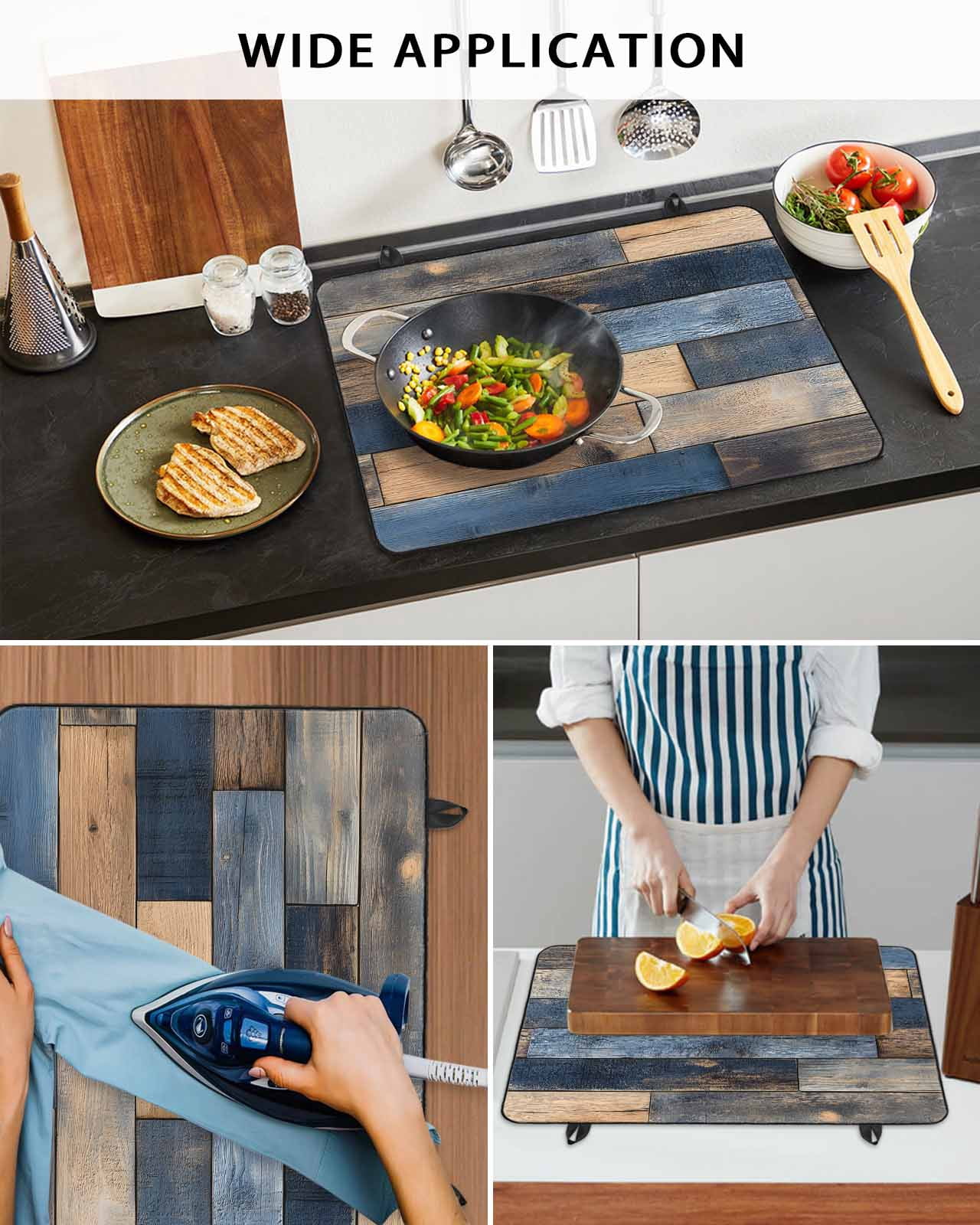 nqOlkjepod Large Induction Cooktop Protector Mat 24"x21", Navy Blue Brown Wood Stove Top Covers for Electric Stove, Farmhouse Vintage Wooden Decorative Stove Burner Cover Mats, Glass Top Stove Cover