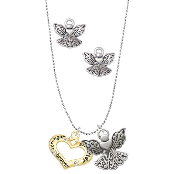 Delight Jewelry Goldtone Heart with 3 AB Crystals - Stronger Braver Smarter Silver tone Guardian Angel Charm Necklace and Stud Earrings