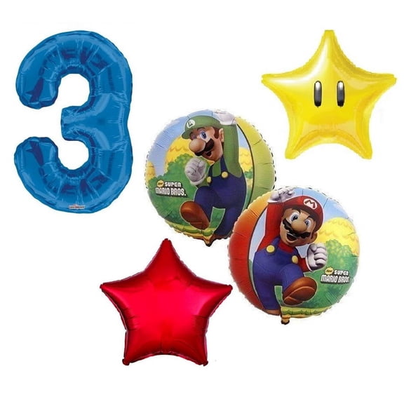 Super Mario Brothers Luigi #3 3rd 5 Piece Power Star Happy Birthday Decorations Balloons Set