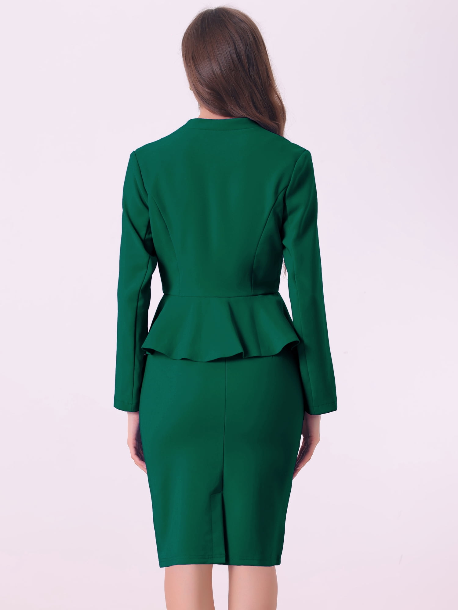 DARING DIVA Women's Collarless Peplum Blazer Sheath Skirts 2 Pcs Suit Set L Dark Green