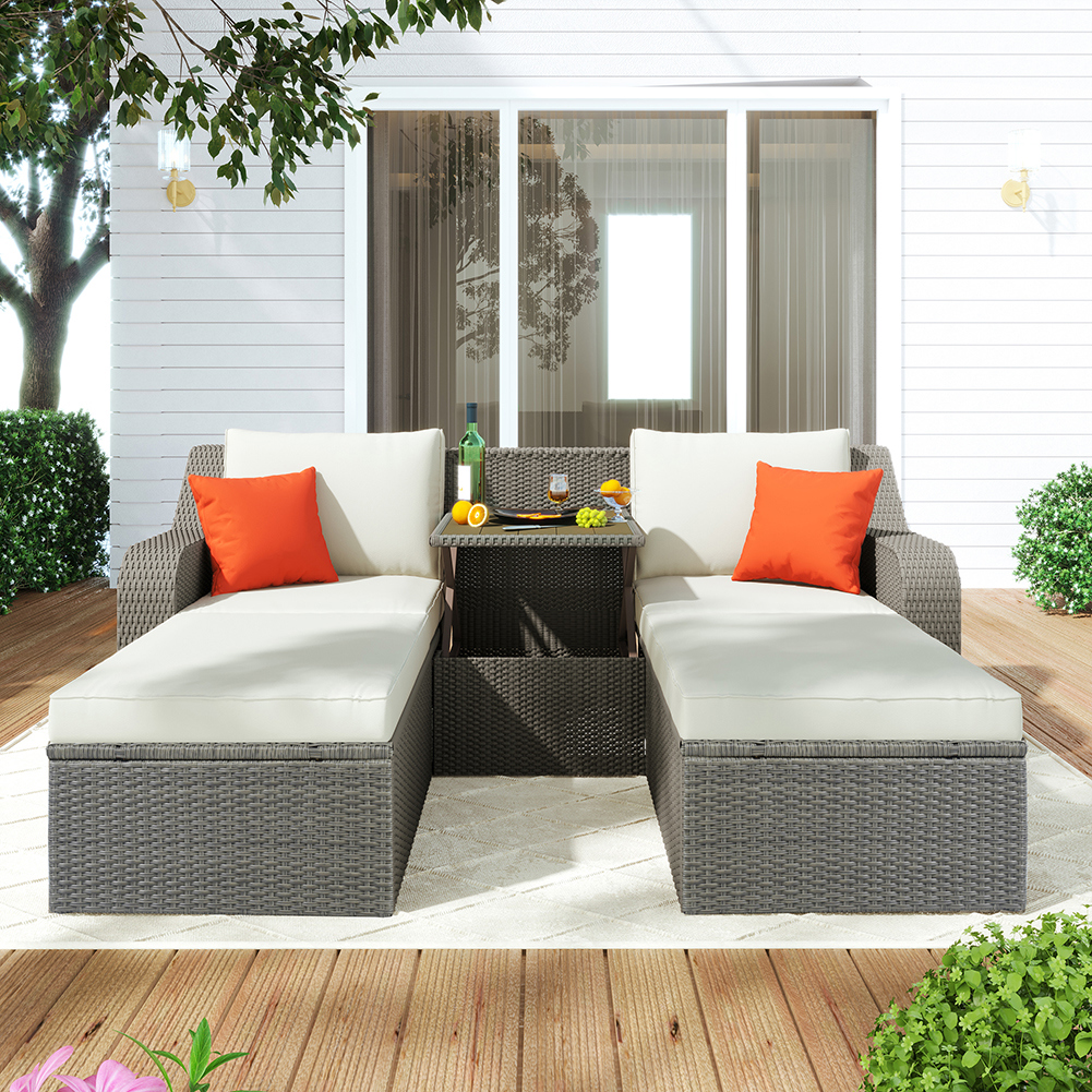 Canddidliike Patio Double Chaise Lounge Sectional Sofa with Lift Top Side Table, Beige Cushions Brown Wicker - image 2 of 6