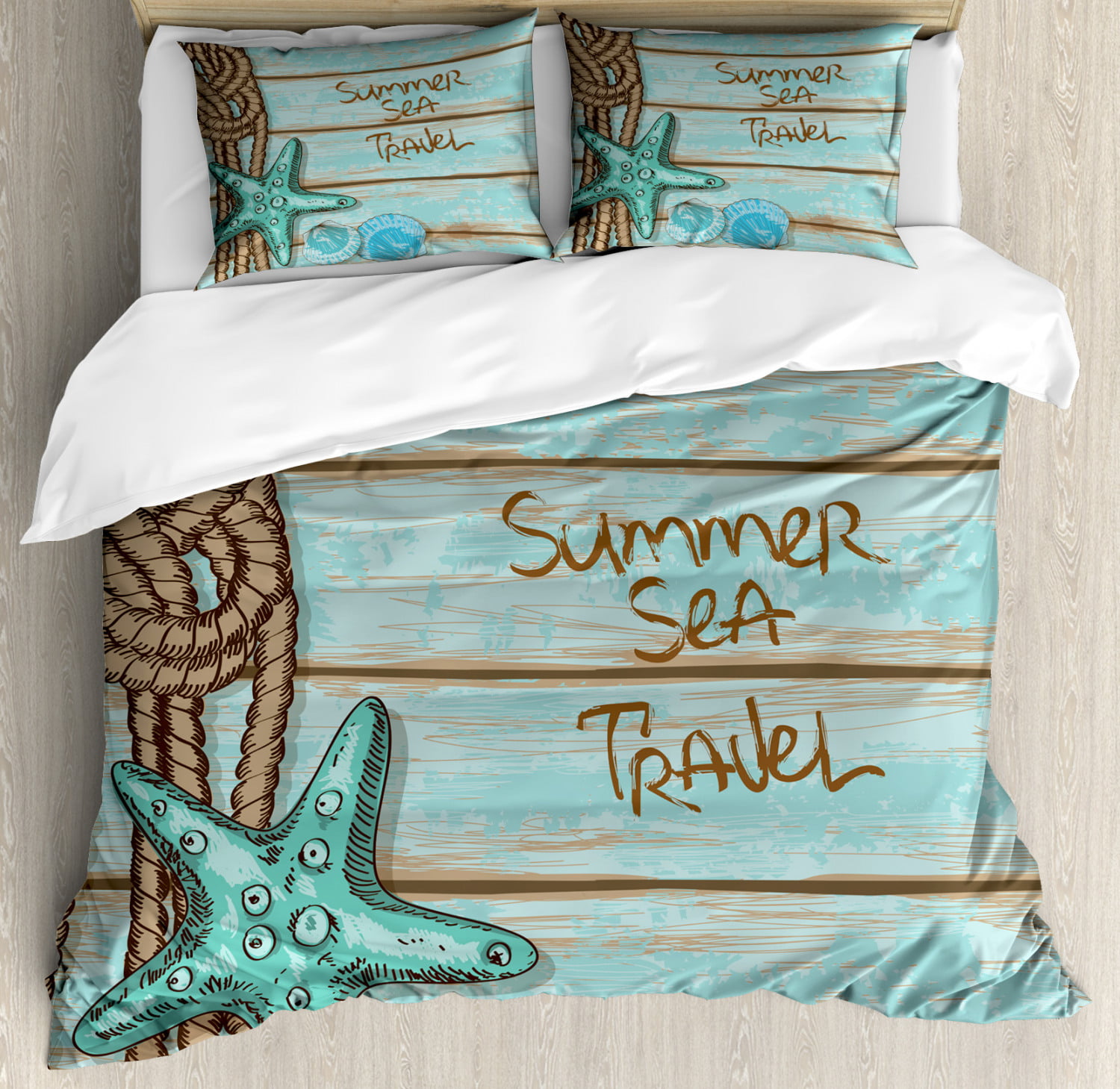 Starfish Duvet Cover Set Summer Season Sea Travel Retro Boards Of