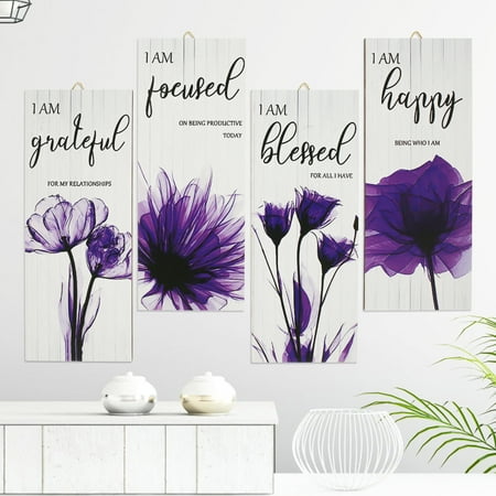 Hvxrjkn 4 Pieces Flower Pictures Wall Decor, Living Room Hanging Pictures Wooden Art Wall Decor Wall Art Pictures Thankful Grateful Blessed Home Decoration (Purple)