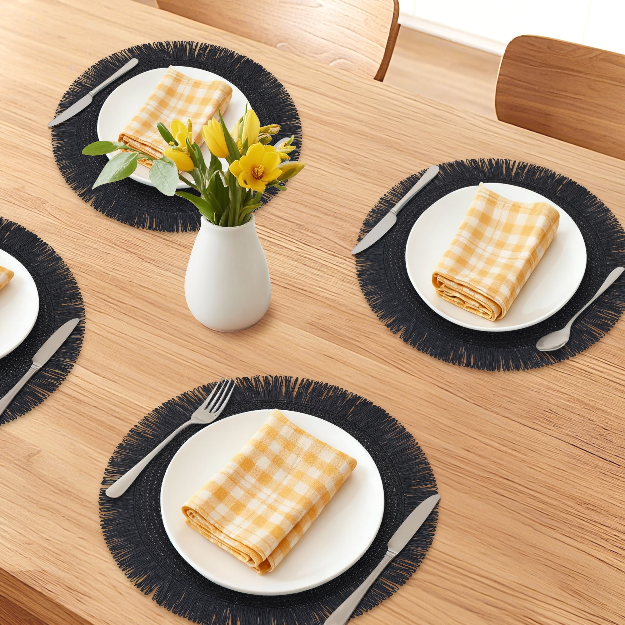 Unique Bargains Rustic Woven Round Placemats 6pcs Black 15"x15"