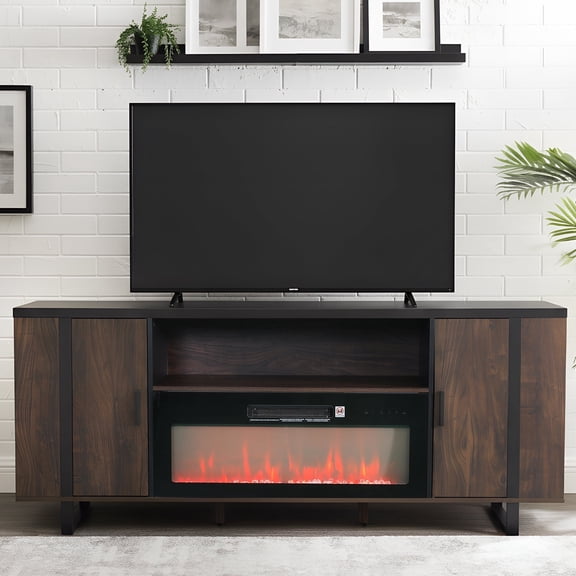 72" Modern TV Stand with 36" Electric Fireplace Insert for TVs up to 85", Adjustable Storage & 8-Color Flame Effects, Brown Wood Finish