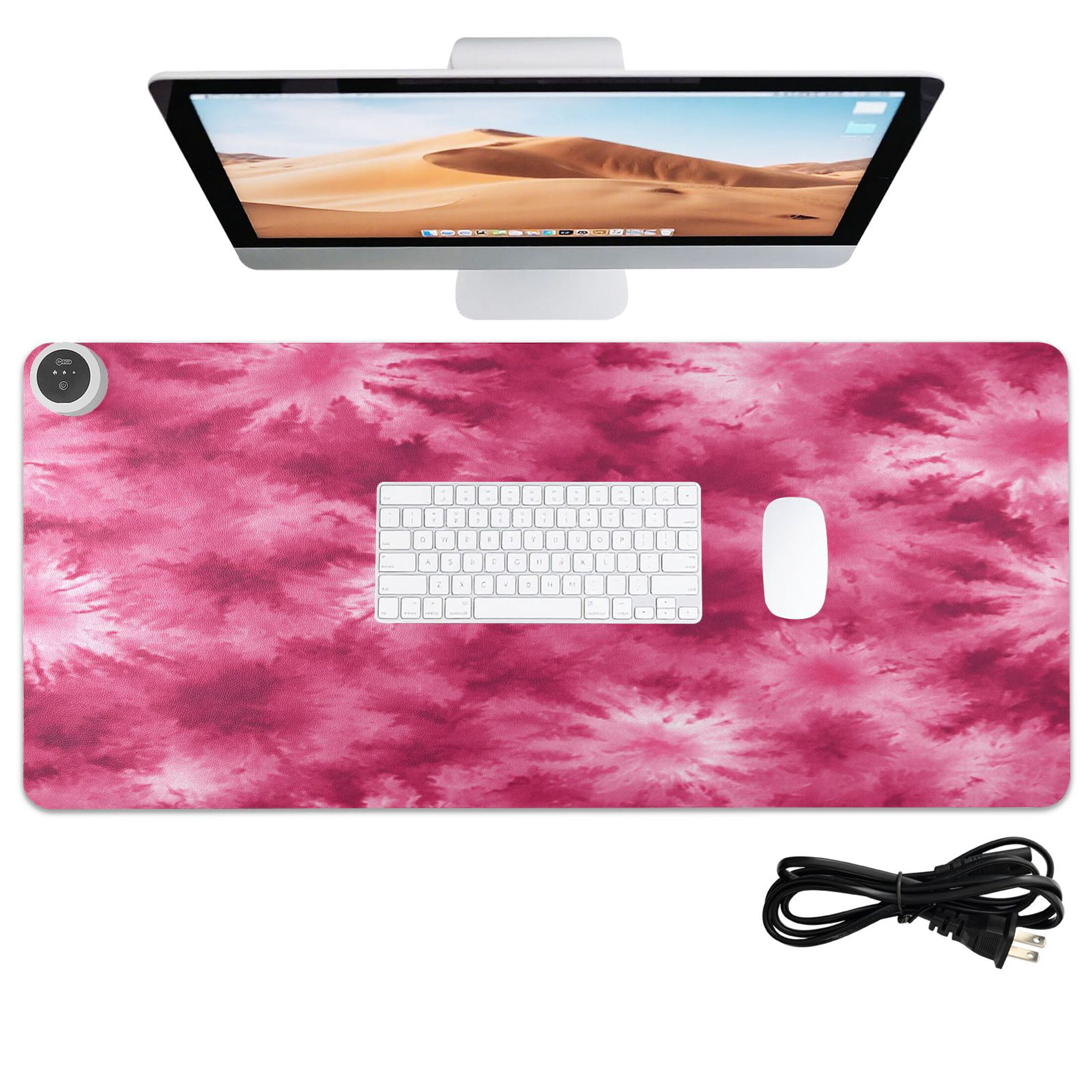 Large Heated Desk Mat Mouse Pad 31.5"x13"PU Leather Graphene Heating Desk Warmer with 3 Temperature Settings 110V US Plug Non-Slip Warm Pad for Home, Office, and Gaming Rose Red Tie-dye Pattern