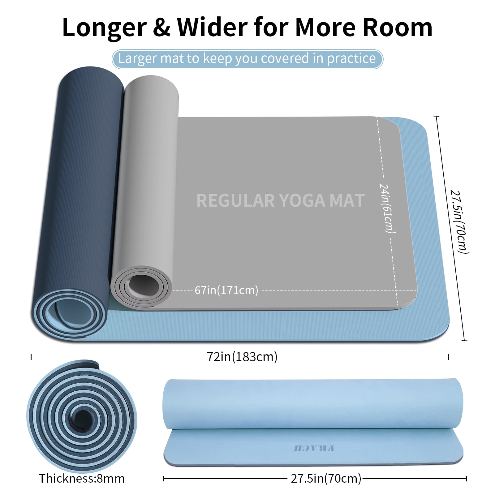 Frach Wide Yoga Mat 28",1/3 Inch Extra Thick Workout Mats,Non-slip Eco-friendly for Outdoor and Indoor,Home and Travel(Gray+Blue)