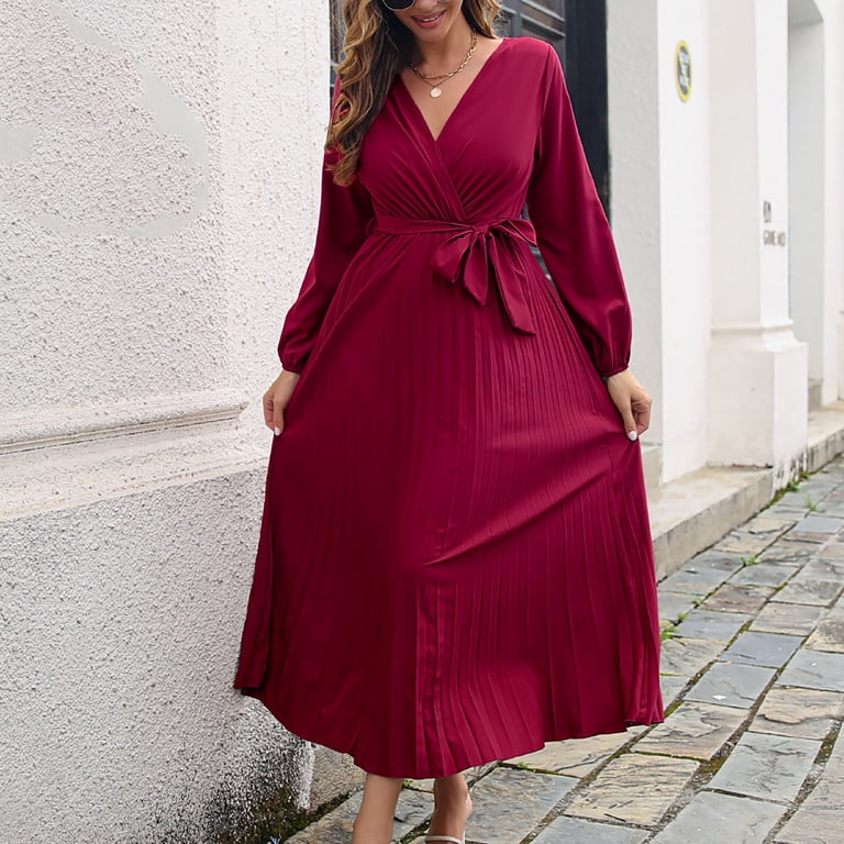 Odeerbi Dresses for Women Maxi Dress Autumn And Winter 2025 Fashion Solid  Color Cross V-neck Pleated Dress Long Skirt Green - Walmart.com