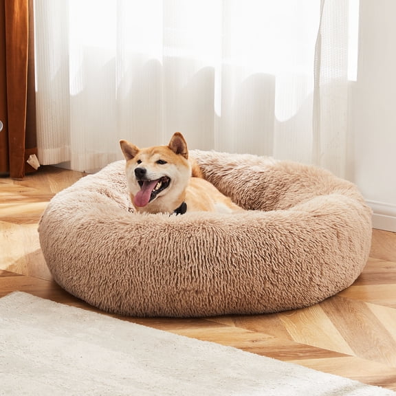Gianna Calming Donut Dog & Cat Bed, 30 Inches Round Fluffy Dog Beds for Large Dogs, Anti-Anxiety Plush Dog Bed, Machine Washable Pet Bed, Brown