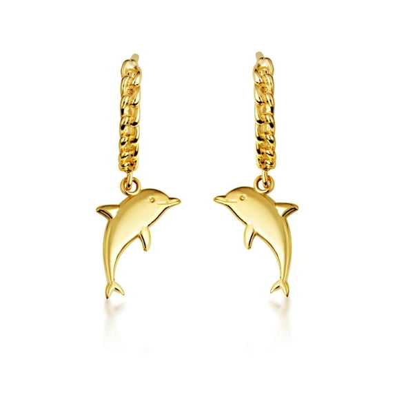 Yellow Gold Marine Dolphin Cuban Link Huggie Hoop Earrings (14K)