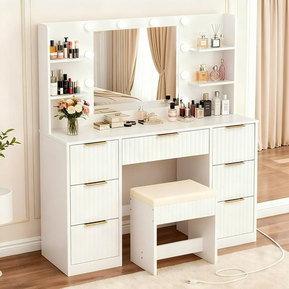 Zimtown Lighted Makeup Vanity Desk with Mirror and Charging Station, Vanity Table with 7 Drawers & 4 Storage Shelves for Dressing Room Bedroom, White