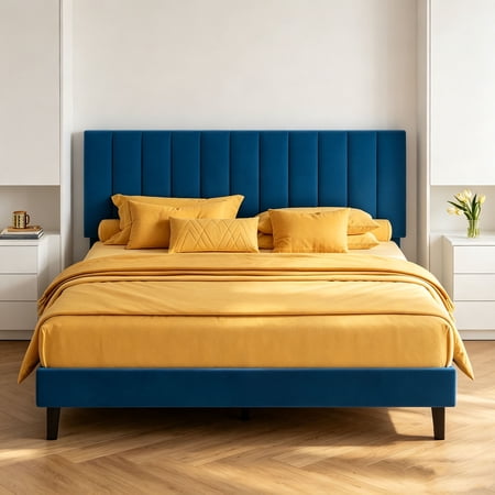 TEQIN Bed Frame Velvet Upholstered Platform Bed with Adjustable Headboard Velvet Platform Bedframe Mattress Foundation Strong Wood Slat Support No Box Spring Needed