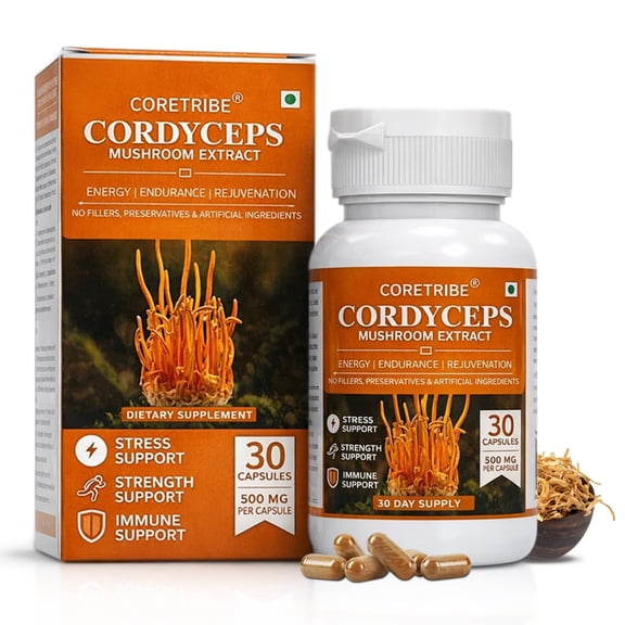 CoreTribe® Cordyceps Militaris Mushroom Extract Capsules, Energy & Focus Support, Vegan, Non-GMO, 30 Count