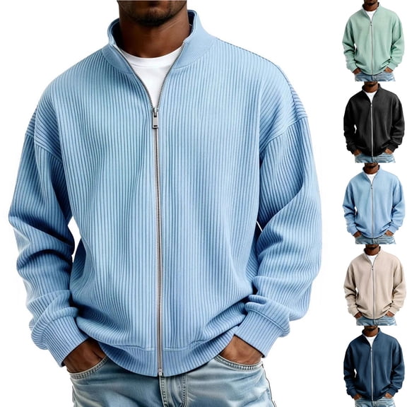 Men Vertical Rib Knit Jackets Liweisiy Full Zip Stand Collar Oversized Long Sleeve Coat Casual Cardigan Coat Black M