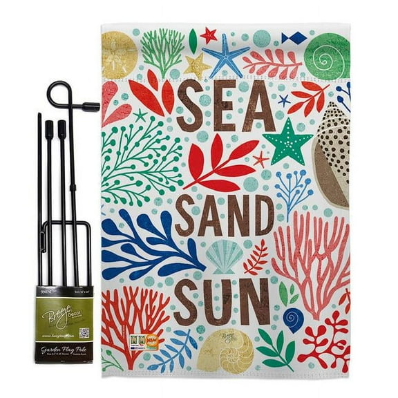 Breeze Decor BD-NA-GS-107065-IP-BO-D-US18-WA 13 x 18.5 in. Sea Sand Sun Coastal Nautical Impressions Decorative Vertical Double Sided Garden Flag Set with Banner Pole