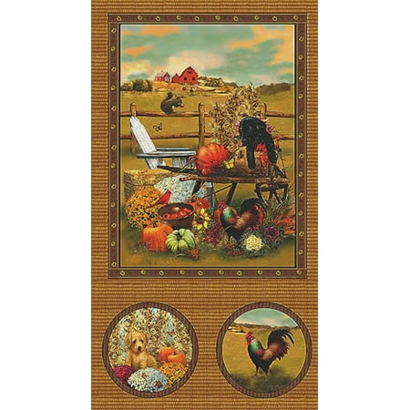 SPX Fabrics Autumn Bounty Farm Rooster, Dogs Red Barn 24x43" Panel Multicolor 100% Cotton Fabric sold by the panel