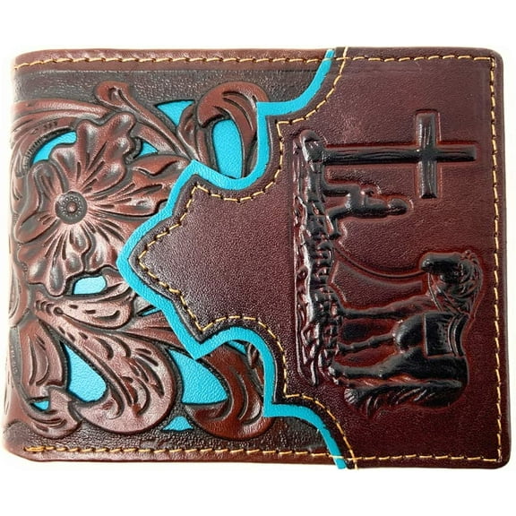 Western Men's Genuine Leather Floral Tooled Laser Cut Praying Cowboy Wallet in 9 colors