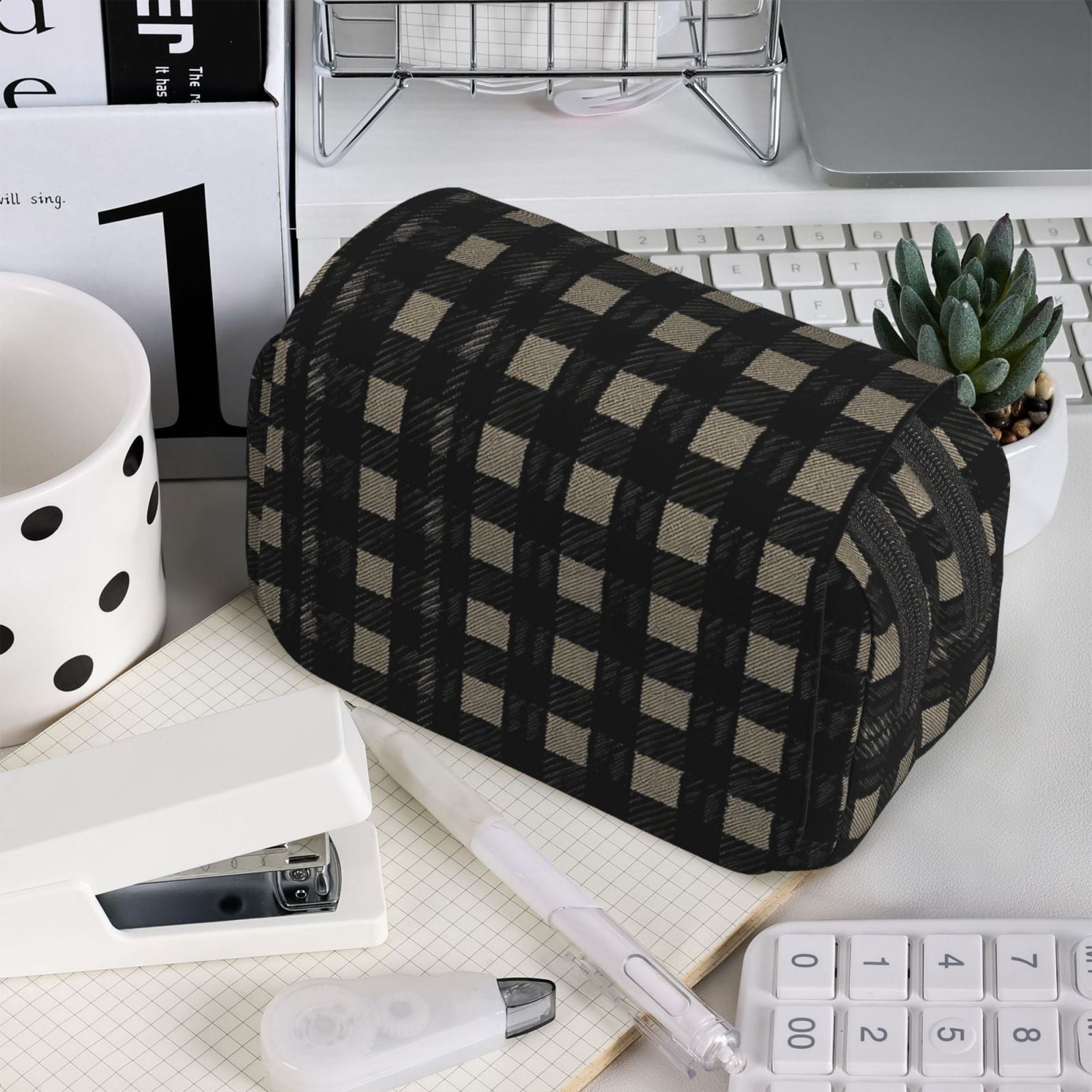 Large-Capacity Flip-Top Double-Layer Pencil Case, Multi-Functional Pocket Pen Case, Durable Stationery Organizer Black Houndstooth Vintage Texture_85706_3