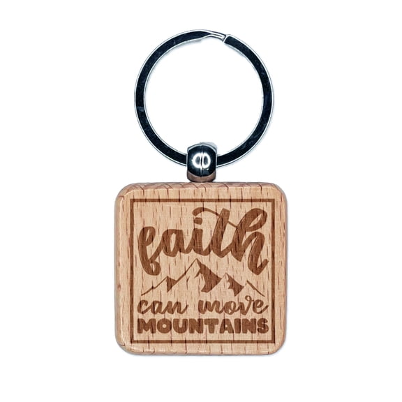Faith Can Move Mountains Inspirational Bible Verse Square Keychain Charm Tag - Engraved Wood