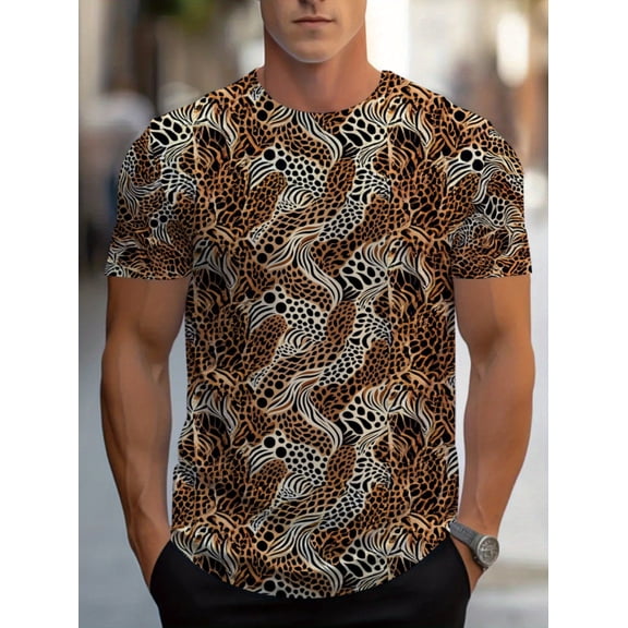 Men'sT-Shirt - Brown and Black Animal Printed Short Sleeve Crew Neck, Lightweight Summer Casual and Restaurant Wear, Durable and Comfortable Fabric Suitable for Daily Wear, Fashion Versatile Top