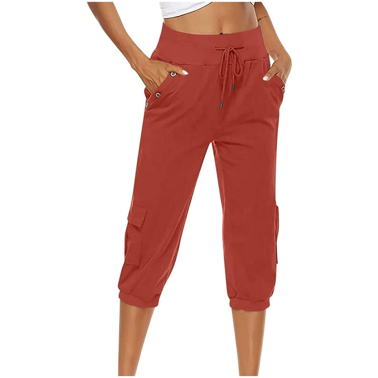 Womens Cargo Capris Pants Drawstring Elastic Waist Casual Pants Summer  Loose Outdoor Hiking Capri Trousers with Pockets 
