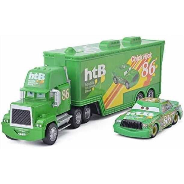 2 camiones contenedor Chick Hicks Rayo McQueen, tío, escala 1:55, modelo de metal fundido a presión, juguete de regalo de cumpleaños para niños.