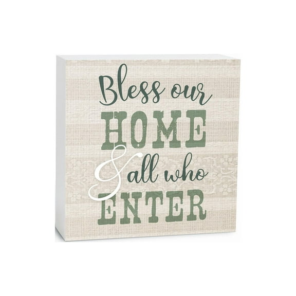 Bless Home & All Enter Ecru Linen Stripe 5 x 5 Wood Tabletop Sign Plaque