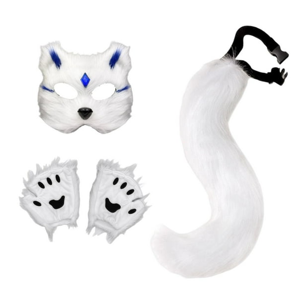 Máscara de animal y conjunto de cola Cosplay Linda máscara de gato de Halloween para baile de graduación Carnaval Chip azul blanco