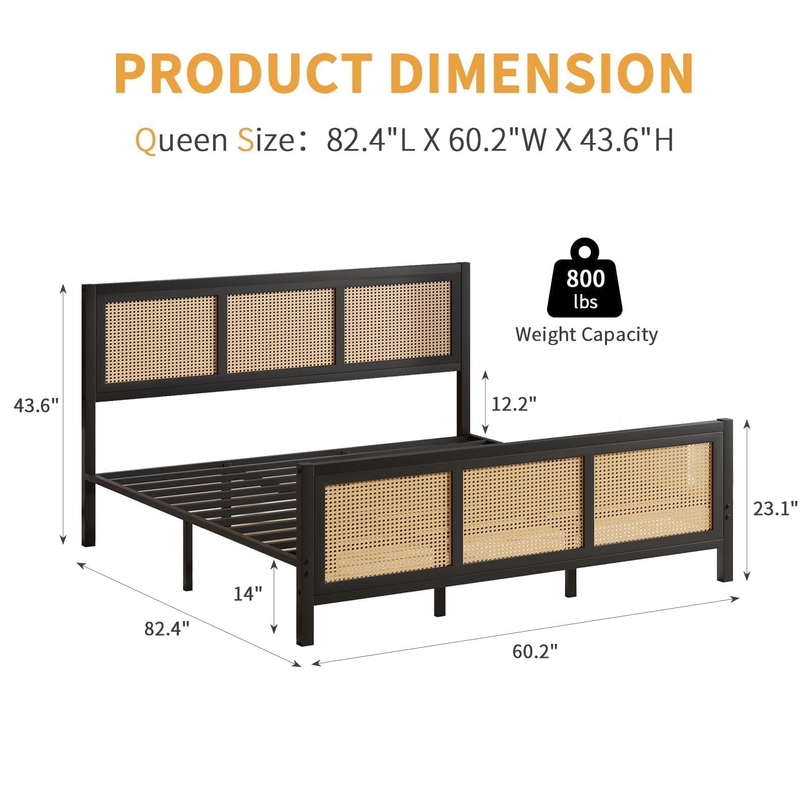 4 EVER WINNER Queen Bed Frame, Queen Size Bed Frame with Natural Rattan Headboard and Footboard, Rattan Bed Frame for Bedroom, No Box Spring Needed, Black