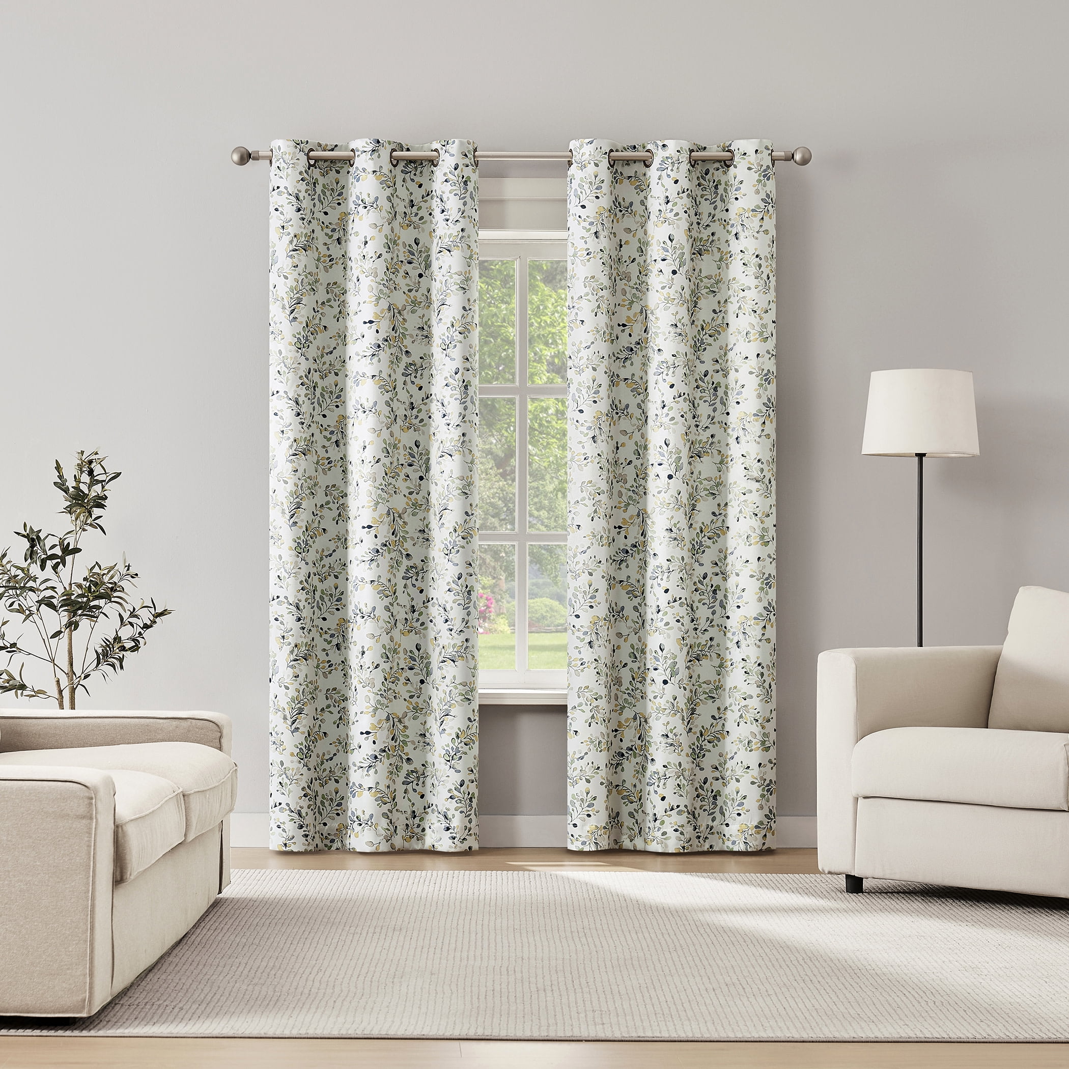 Sun Zero Quincy 2-pack Painted Foliage Magnetic Closure 100% Blackout Grommet Curtain Panel Pair, 40"W x 84"L, Blue