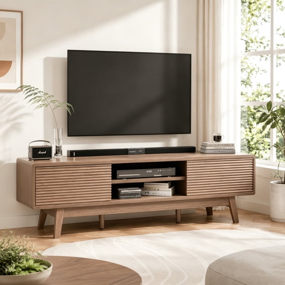 Guqiart 59" Modern TV Stand, Fluted Media Console with Sliding Doors, Wood Entertainment Center for 55/60/65 Inch TVs, Low Profile TV Console Table with Storage for Living Room Bedroom, Brown