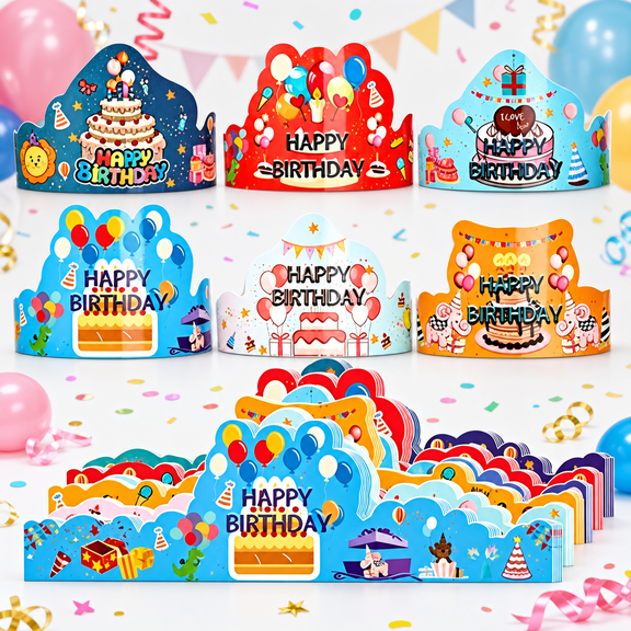 Birthday Crowns, 30 Pack Assorted Designs Paper Crowns, Classroom Birthday Hats, VBS Party Decor Adjustable Elastic Band, Reusable, 15-28 inches, Multiple Colors