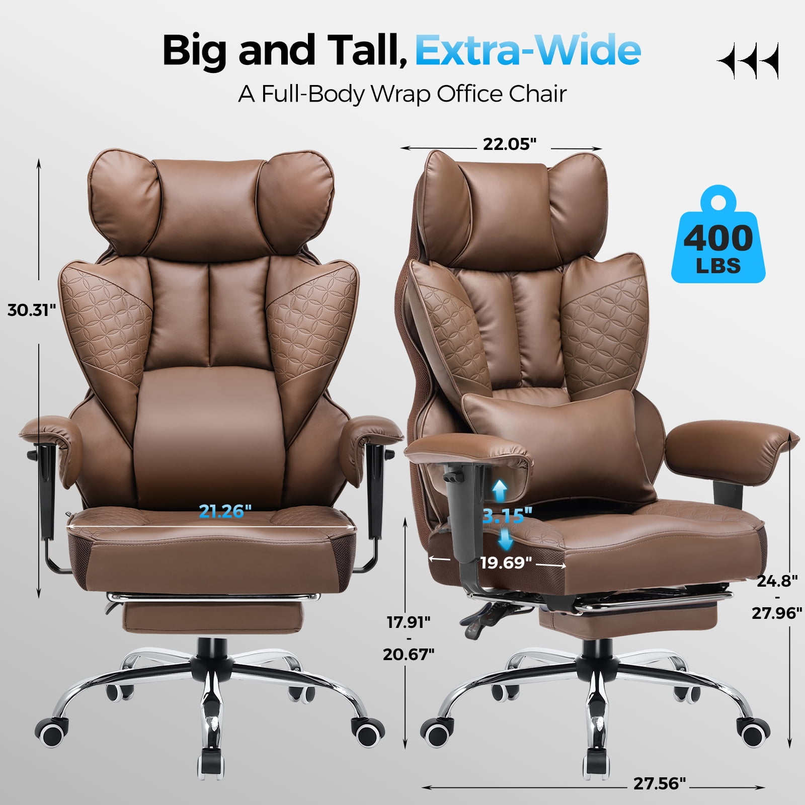COMHOMA Big and Tall Office Chair 400LBS Wide Ergonomic Gaming Chair with Deluxe Embossing Leather with Foot Rest 150°Reclining Adjustable Armrests Pocket Spring Back Support and Without Pillow