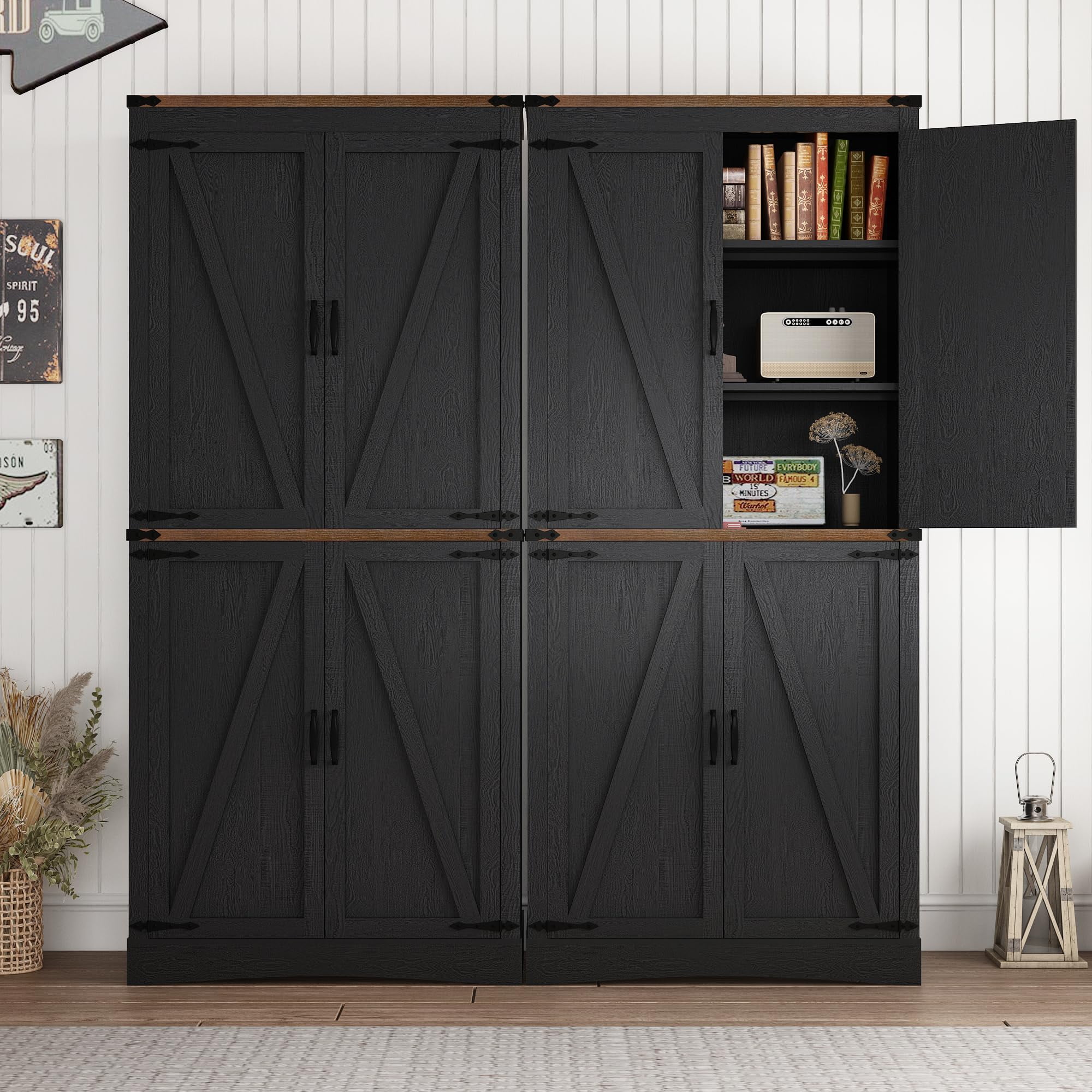 ChVans 71" Tall Farmhouse Kitchen Pantry Storage Cabinet, 5 Layers Freestanding Cupboard with Adjustable Shelves & Load-Bearing Steel Pipe & 4 Barn Doors for Kitchen, Dining Room, Living Room, Black