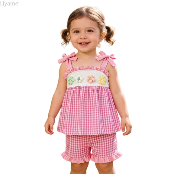 Liyamei Toddler Girls Outfits, Kids Summer Set, Floral Sleeveless Jumpsuit with Shorts Casual Playwear Pink 6-12 Months