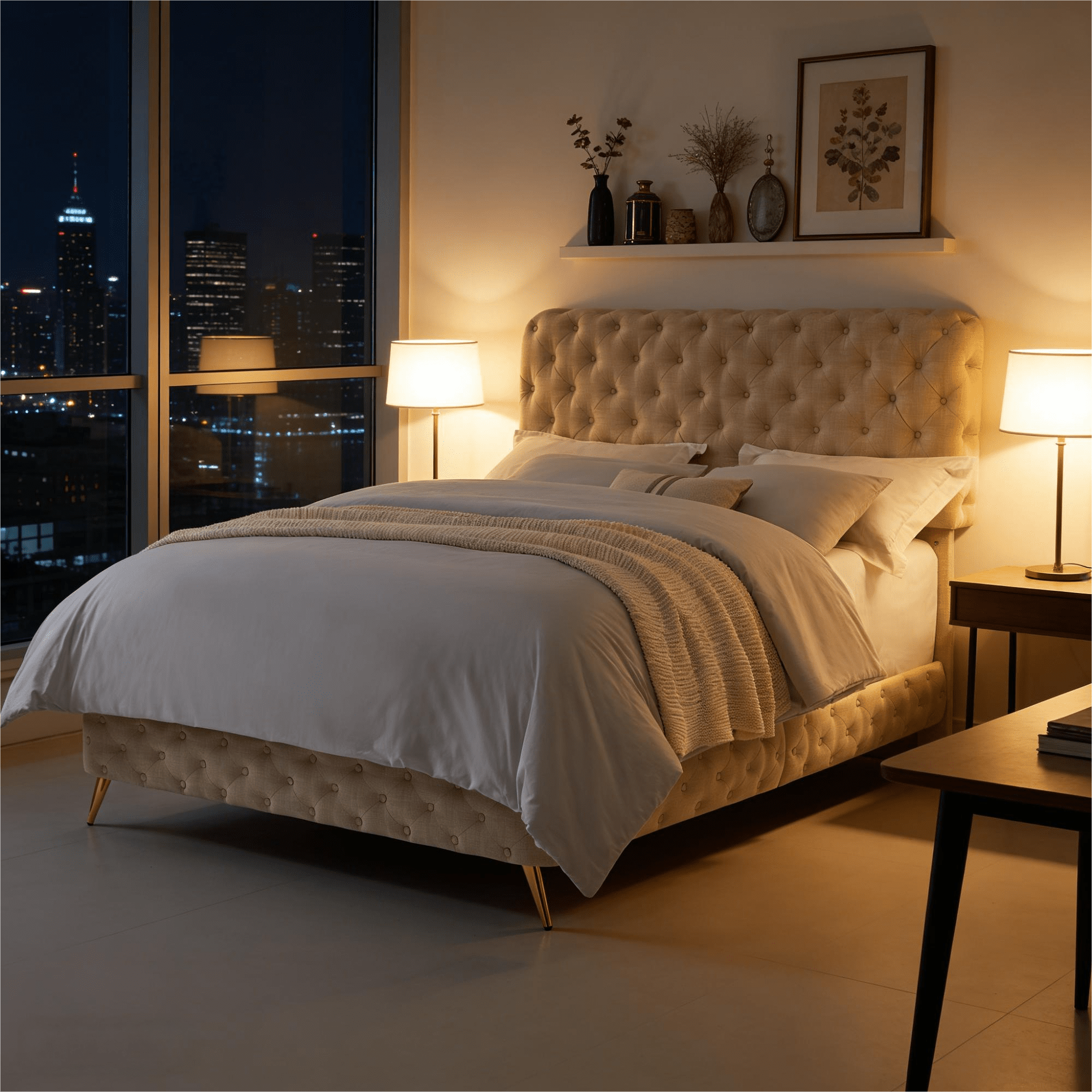 Gewnee Queen Size Bed Frame with Button Tufted Headboard,Upholstered Platform Bed Frame with Adjustable Headboard,Box Spring Required.Beige